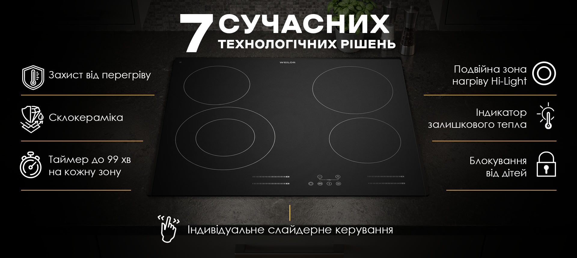 Індивідуальне слайдерне керування склокерамічної варильної поверхні WEILOR WHC 655 BLACK із сучасними технологіями